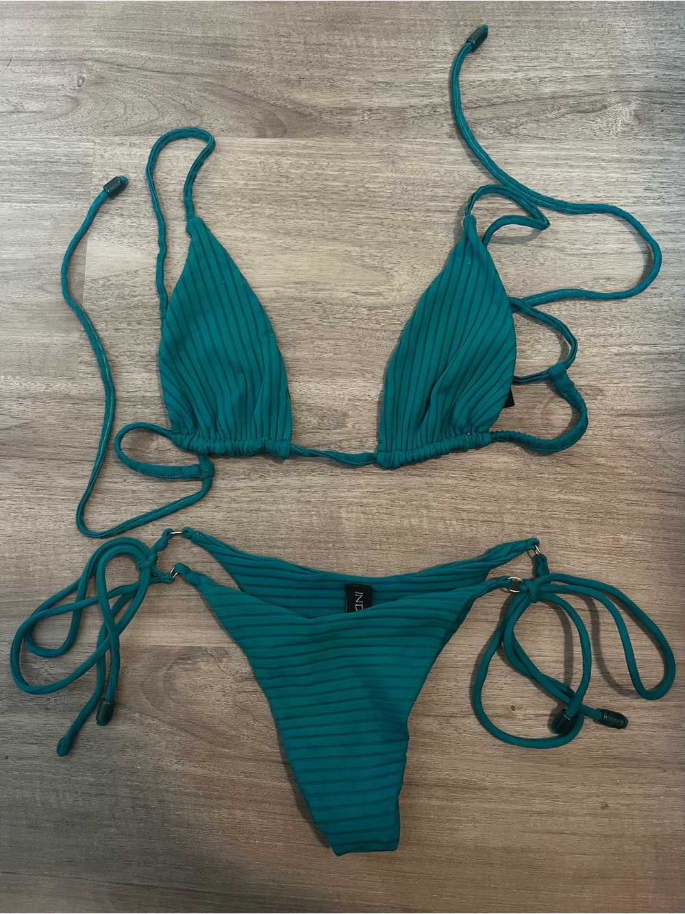 Indah Teal Ribbed Tie-Side Triangle Bikini